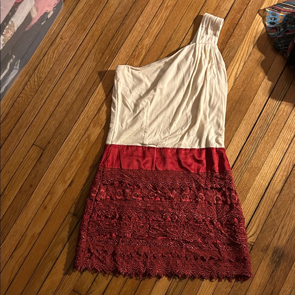 Hello Miss Elegant One-Shoulder Dress in Cream and Red